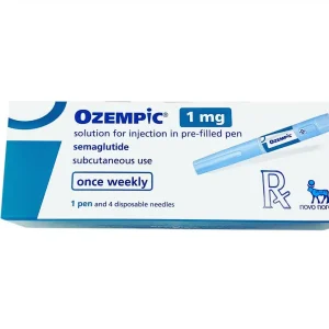 Afbeelding van een Ozempic-pen en verpakking, gebruikt voor onderzoek naar diabetesbehandeling en gewichtsbeheersing.